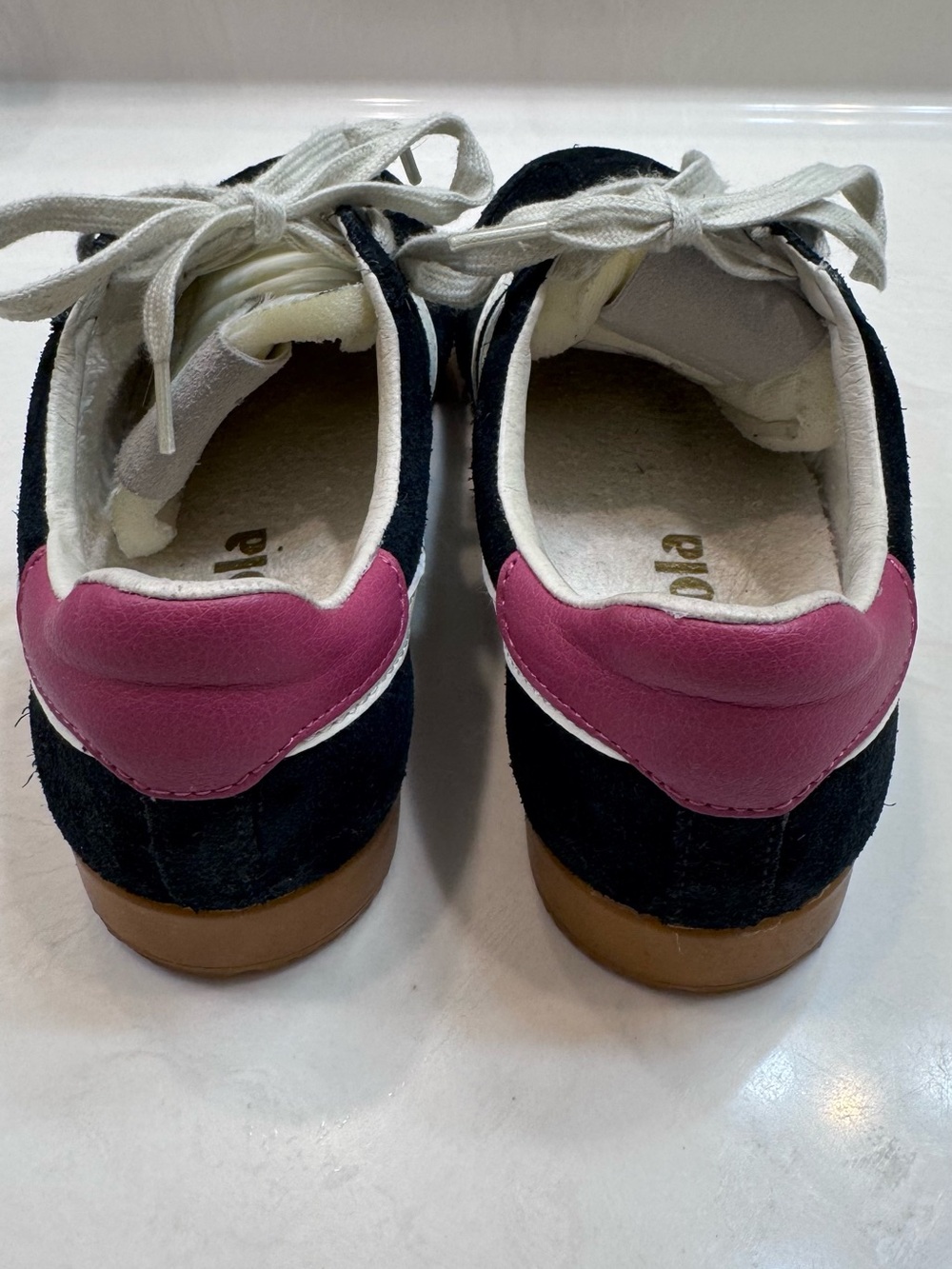 Gola Black Suede Sneakers with White Stripes and Pink Heel Tab - Picture 3 of 5